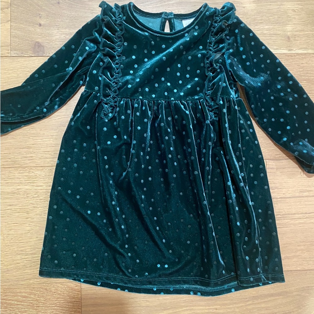 H&M baby girls green Velvet Polka Dot Dress 18m EUC